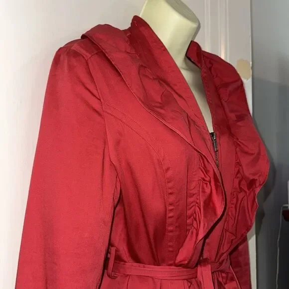 Elle red ruffle & zip front all weather‎ or rain cotton/spandex short coat - Picture 6 of 11
